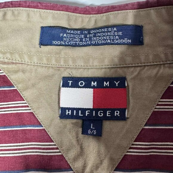 Vintage Tommy Hilfiger Burgundy Striped Crest Shirt – Size L - Picture 5 of 8